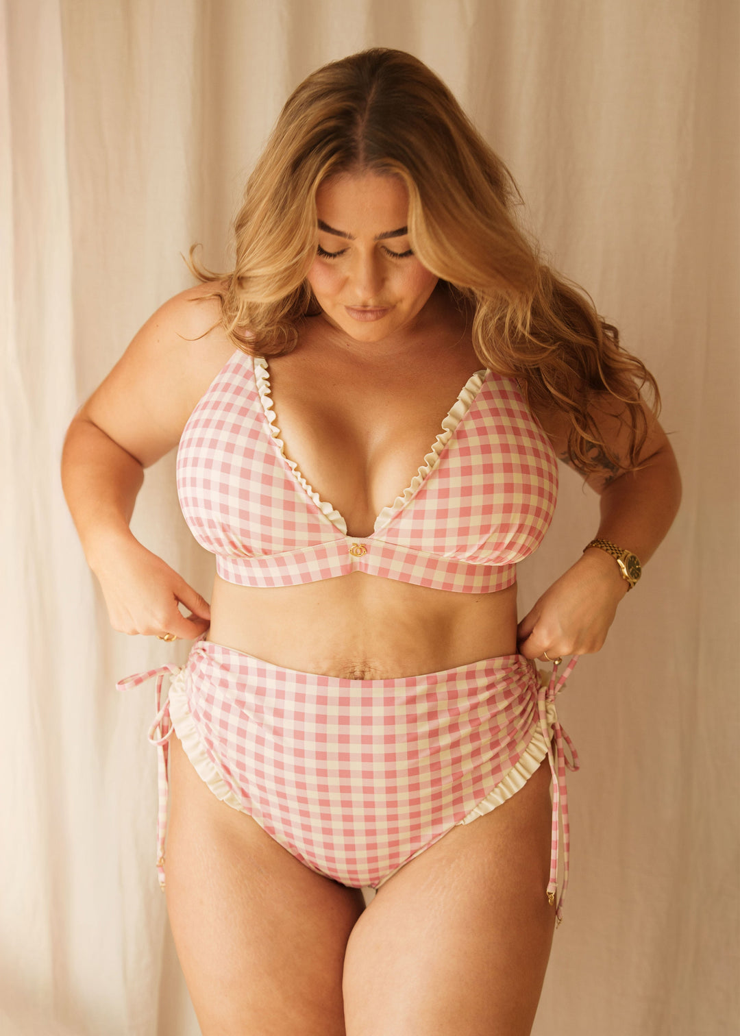 High Waist Shape Bikini Bottoms Gingham Blush