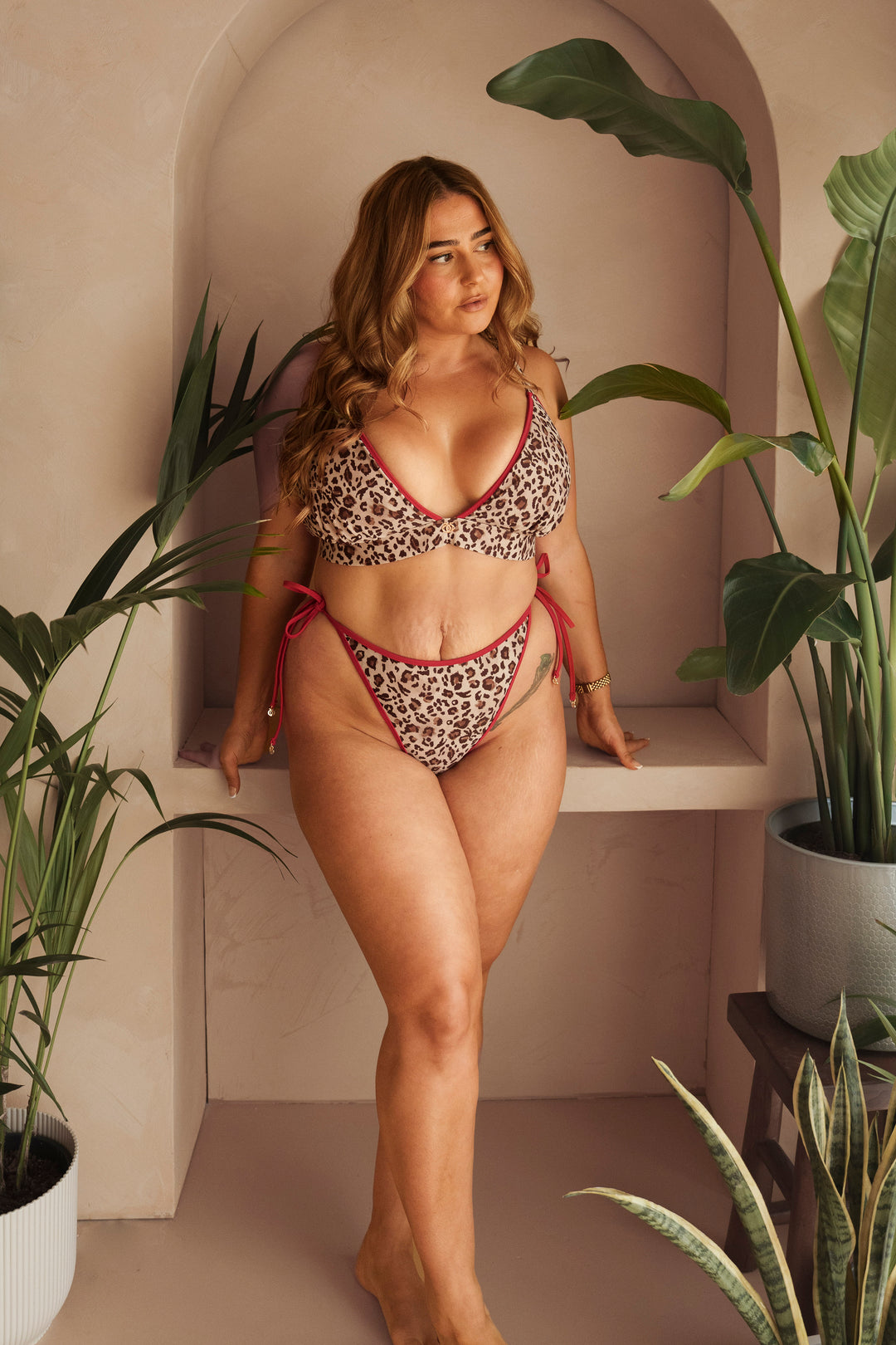 Tie Ruched Bikini Bottoms Reversible Royal Red/ Wild Leopard
